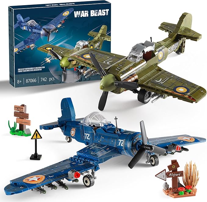 WW2 Military Plane Building Sets Compatible with Lego, Create US F4U & UK Spitfire Fighter Jet Models Toys, Great Army Airplane Aircraft Gifts for Boys Kids