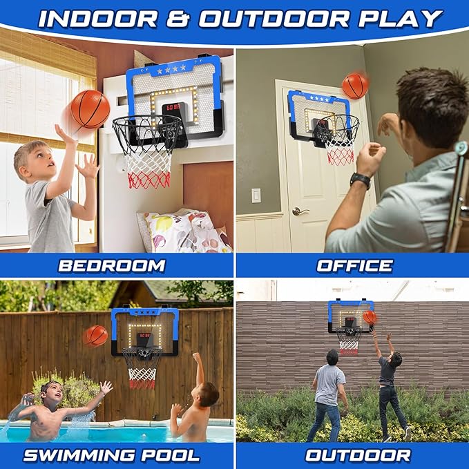 Indoor Basketball Hoop for Kids, Mini Basketball Hoop with Double Electronic Scoreboard and LED Light, Over The Door Basketball Gifts Toys for 5 6 7 8 9 10 11 12 Year Old Boys (East Blue)