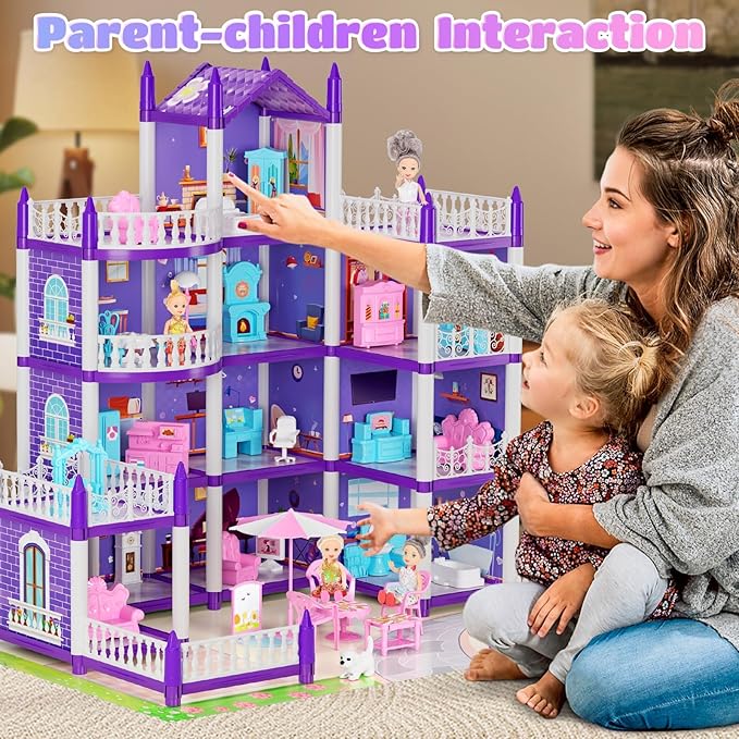 4 Stories Dollhouse for Girls, DIY Doll House Accessories Playhouse with Furniture and 11 Rooms, Pretend Play House with Lights for Kids, Portable Building Dolls Playset Toys Kit Gift for Ages 6+