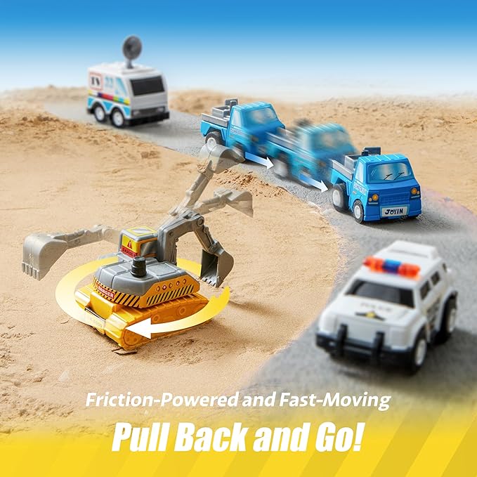 JOYIN 18 Pcs Pull Back City Cars and Trucks Toy Vehicles Set, Friction Powered Cars Toys for Toddlers, Boys, Girls’ Educational Play, Kids Stocking Stuffers, Easter Basket Stuffers