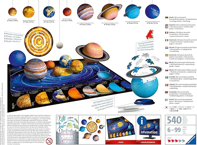 Ravensburger Solar System 540 Piece - 9 Planet 3D Jigsaw Puzzle Set for Kids & Adults | Easy Click Technology | Durable Material | Add a Splash of Color to Your Room Ages - No. 11668