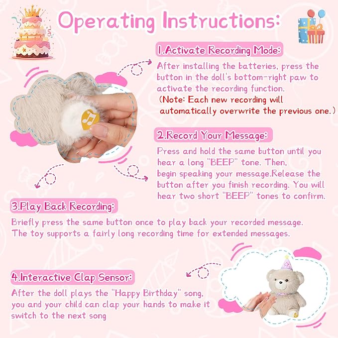 Birthday Bear Plush Toy Clap Activated with Voice Recording Singing Dancing Interactive Stuffed Animal Gift for Toddler Kids Boys Girls