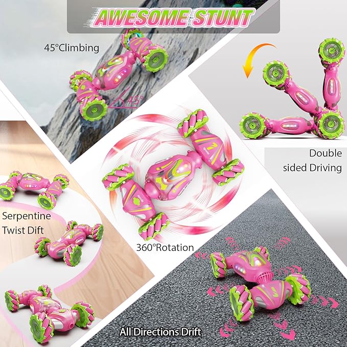 Remote Control Car, Pink RC Cars for Girls, Gesture Stunt with Light & Music, 4WD, 360° Rotating, 2.4Ghz Remote Control Car Toys, Birthday Gift for Kids Age 6+