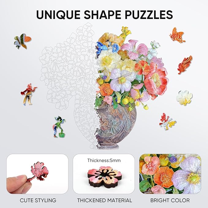 Flower Wooden Puzzles for Adults, 200 Pieces Vase Jigsaw Puzzles, Unique Shaped Medium Size Liberty Wood Puzzle Birthday Gifts for Mom Adults and Kids, Family Game 11'' x 11.3''