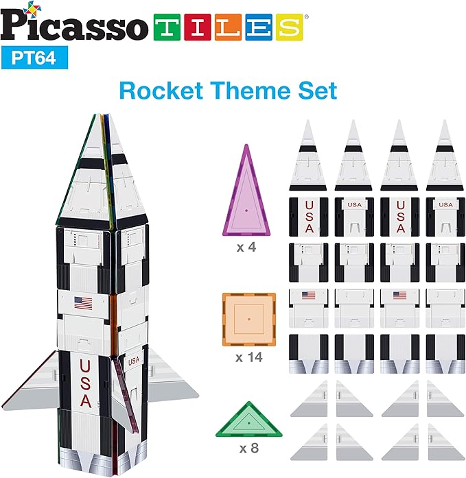 PicassoTiles Magnet Building Blocks STEM Learning Construction Toy Set Early Education Kit 3-in-1 Rocket, School Bus, Train Theme Stick-On Puzzle Pretend Play Magnetic Tiles Kids Building Block Toys