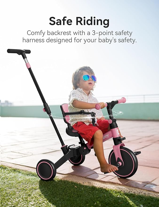 besrey 5 in 1 Toddler Bike, Toddler Tricycle for 1-3 Year Old, Trike with Push Handle, Backrest and Safety Belt, Birthday Gifts and Toys for Boys and Girls, Balance Bike