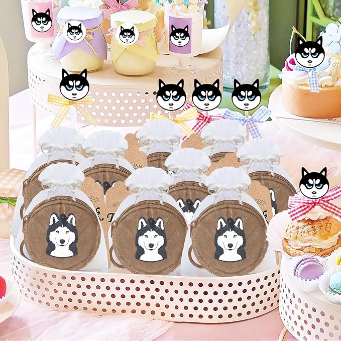 15 Pack Husky Mini Coin Purse with Keyrings for Husky Themed Dog Party Lets Pawty Pet Party Birthday Party Supplies,Brown