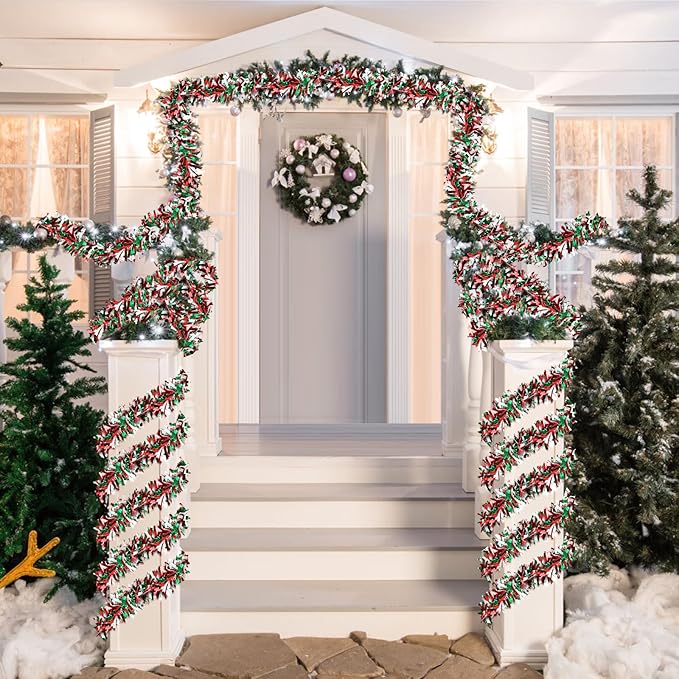 50 Feet Christmas Tinsel Twist Garland - Metallic Tree Decorations for Party Supplies Decor (Red, Green and White)