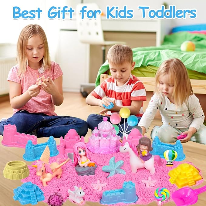 Sensory Bin, 47Pcs Unicorn Sandbox with Lid Play Sand Art Kit for Toddlers Sensory Toys with Magic Sand, 4 Unicorns, Moulds, Castle, Mermaid, Cleaning Tools- Gift for Kids 3 4 5 6 7 8