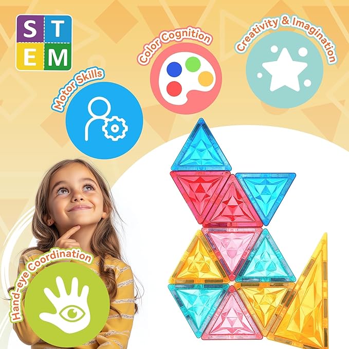 126-Piece Magnetic Tiles Building Blocks Set - STEM Construction Kit with Car Toy Figurines & Stickers, Educational Sensory Toys for Kids Ages 3-8, Creative Gift for Toddlers, Boys & Girls