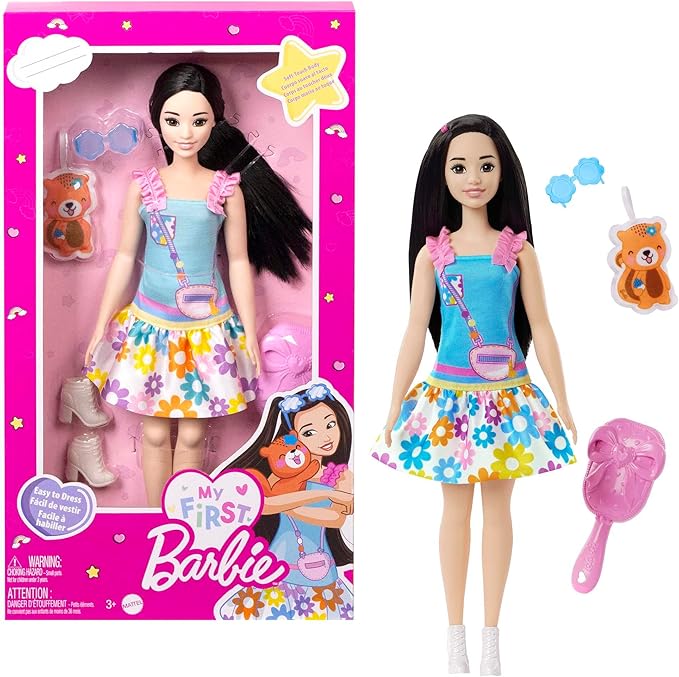 Barbie: My First Preschool Doll, Renee with 13.5-inch Soft Posable Body & Black Hair, Plush Squirrel & Accessories