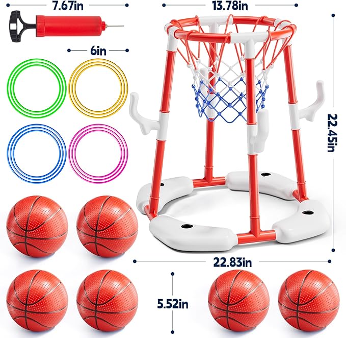 Pool Basketball Hoop, Floating Game with 6 Balls & Pump, Kids Pool Toys for Outdoor Summer Fun, Adjustable Height for Ages 4-8-12, Family Swimming Pool Accessory(red)