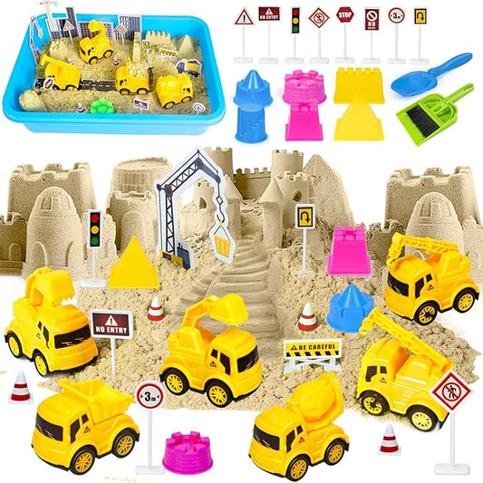 Construction Sensory Bin for Toddlers, Kids Play Sand Kit Toys Sandbox with 2.2lbs Magic Sand, Vehicles, Castle Molds, Road Signs, Shovel, Preschool Learning Activities Gifts for Boys Girls Age 3-5+