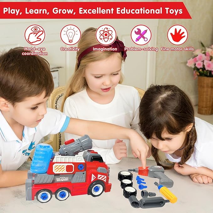 11inches Large Take Apart Fire Toy Trucks for Boys Girls Kids 3-5 6-8 Year Old Fire Rescue Vehicles with Electric Drill Set Assembly Toy