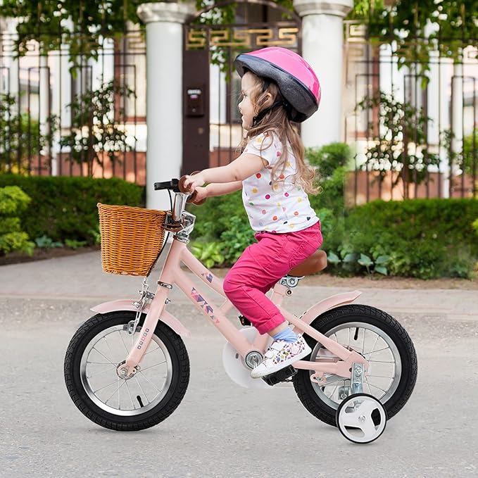 BABY JOY Retro Kids Bike, 12 14 16 18 Inch Child Bike for 3-8 Years Old w/Rattan Basket, Adjustable Height, Training Wheels, Fenders, Handbrake Coaster Brake, 95% Pre-Assembled Kids Bicycle for Girls