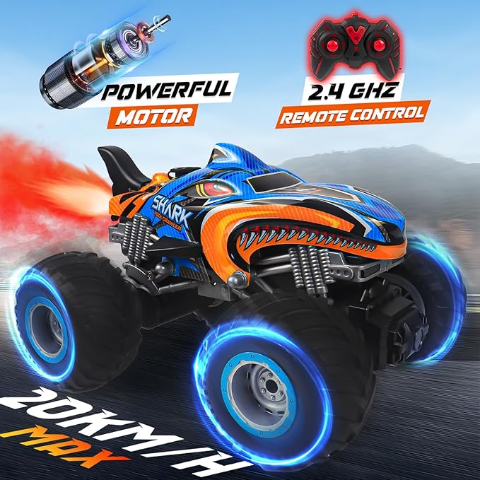 1:16, 2.4 GHz All Terrain Monster Truck, RC Truck 2 Rechargeable Batteries for 80 Mins Play, Spray Remote Control Car for Boys 8-12 and Girls or Adult, MK724A