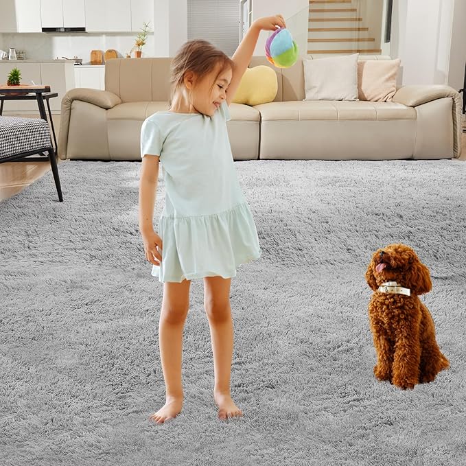 Ultra Soft Rug for Living Room, 8X10 Light Grey Fluffy Shag Area Rug for Bedroom, Modern Shaggy Carpets Fuzzy Rug for Teens Dorm Nursery Home Decor Aesthetic, Upgrade Anti-Skid Durable
