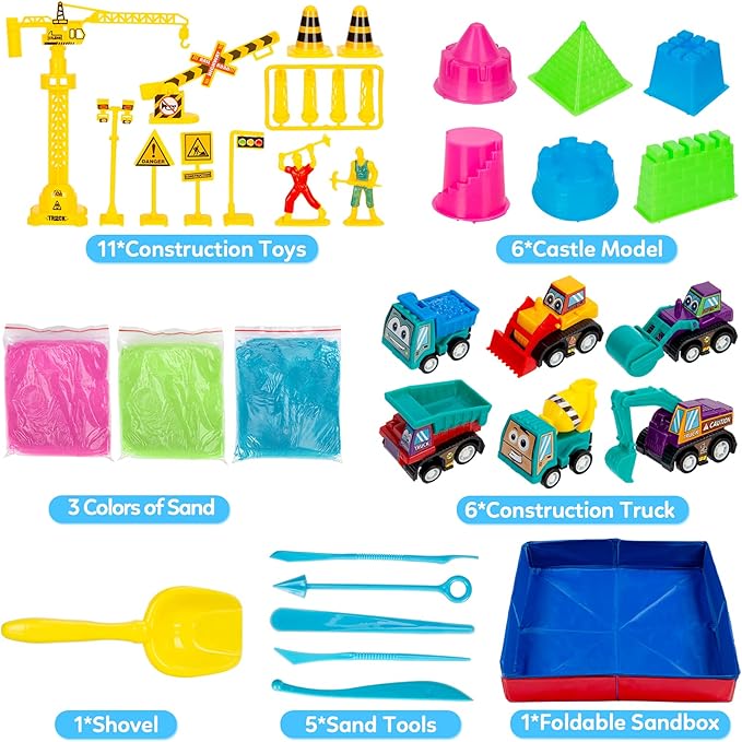 ThinkMax Sand Kit for Kids - 3lbs Sand, 6 Mini Construction Trucks, Toys, Signs, Castle Molds, Tools, Foldable Box and Storage Bin Tote - 43PCS Set for Boys Girls