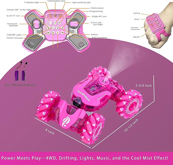 Pink Remote Control Car for Girls, Gesture Sensing Stunt Remote Control with Light & Music, 4WD 360° Rotating, 2.4Ghz RC Car, Birthday Gift for Kids Age 3-12 & 4-10 Best Gift for Girls