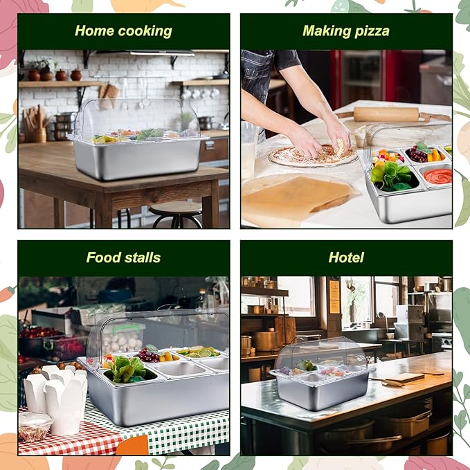 Tessco for you 16 Pcs Countertop Chilled Condiment Container Set with Lid, Stainless Steel Salad Cold Ice Food Spice Serving Display Caddy for Buffet Restaurant Kitchen Party(6 Compartments)
