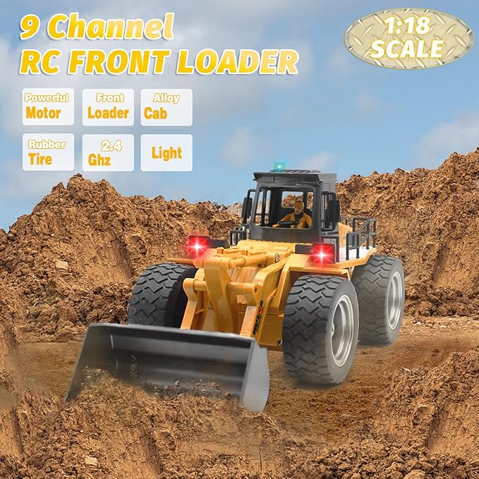 Fistone 9 Channel RC Front Loader, 4WD Alloy Shovel Loader Tractor, 2.4Ghz RC Bulldozer Construction Vehicle Radio Control Tractor Truck Toy with Lights for Kids Age 8-12 Years Old
