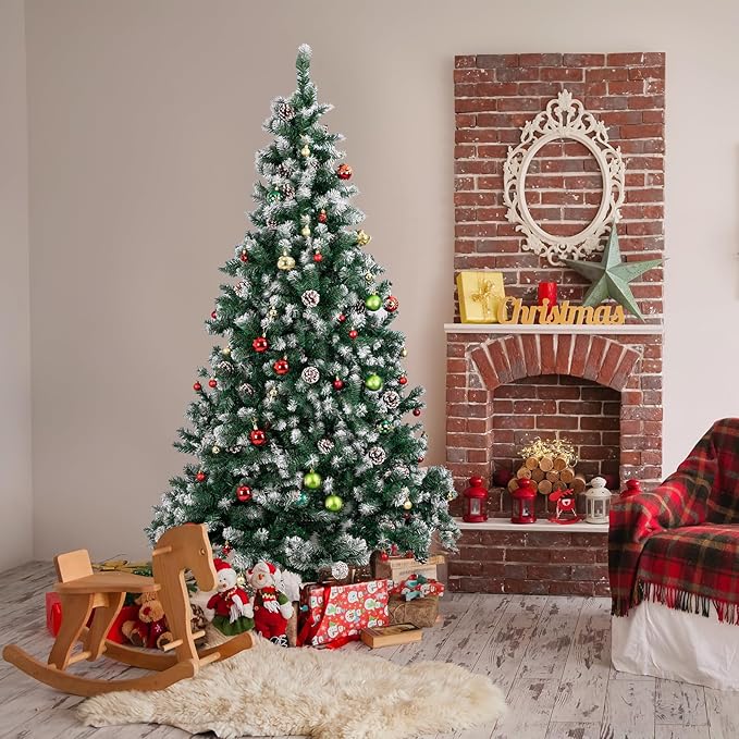 6ft Green Artificial Christmas Tree, Premium Unlit Holiday Xmas Tree for Home Office Party Decoration with 800 PVC Hinged Partially Frosted Branch Tips, 30 Real Pinecones, Foldable Stand