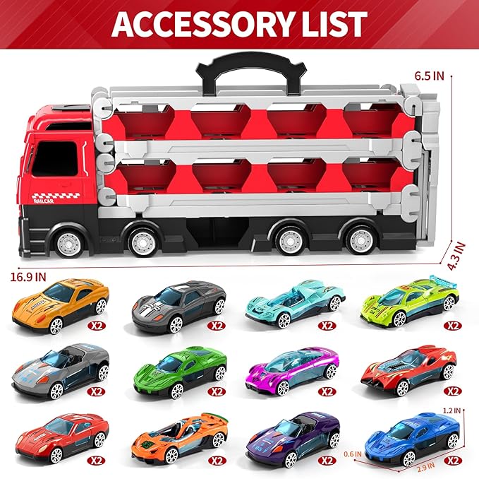 78-Inch Cars Trucks Toys for Toddler 1-3 2-4 3-5 4-7 Years Old Boys Kids, Transport Truck Toys with 24 Pcs Die-Cast Cars, Toys Gifts for 3 4 5 6 Year Old Boys, Toddler Boy Toys Ages 3-5 4-7