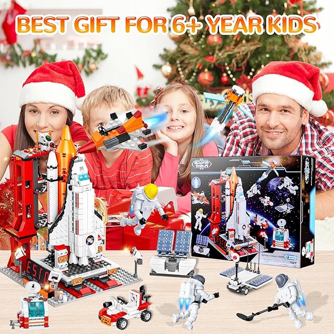 Space Exploration Shuttle Toys, 12-in-1 STEM Aerospace Building Kit Toy, Rocket Building Kit Toy with Launcher, Astronauts, Airplane Rocket, Gift for 6 7 8 9 10 11 12+ Years Old, 855 Pcs