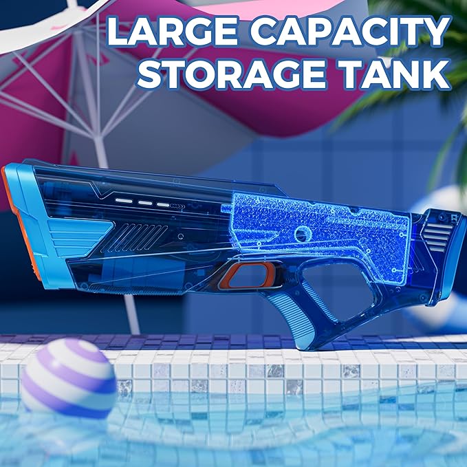 2 Pack Electric Water Gun for Adults Kids, Powerful Automatic Squirt Gun, High Powered Shooting 100+ Times, Long Range, Auto Water Blaster, Pool Outdoor Water Toy(Transparent Blue+Red)