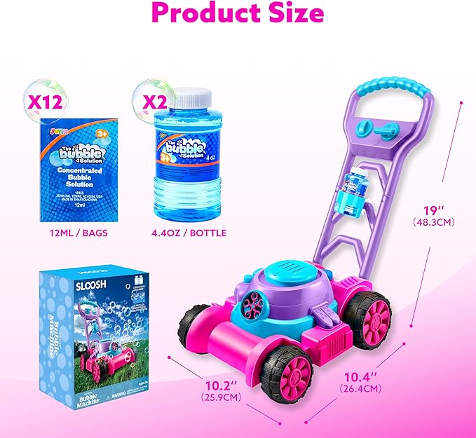 SLOOSH Bubble Lawn Mower Toddler Toys - Kids Bubble Machine Summer Outdoor Push Toy Games, Backyard Garden Outside Play Toddlers Preschool Boys Girls Birthday Gifts (Pink)