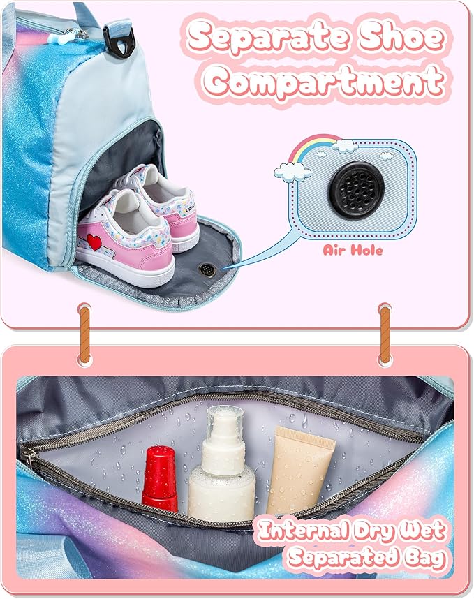 Christmas Gifts for Girls-Girl Gym Bag with Shoe Compartment, Kid Personalized Weekender Overnight Bags, Initial Travel Tote with Makeup Pouch, Gift Ideas for Niece Sister (Letter W)