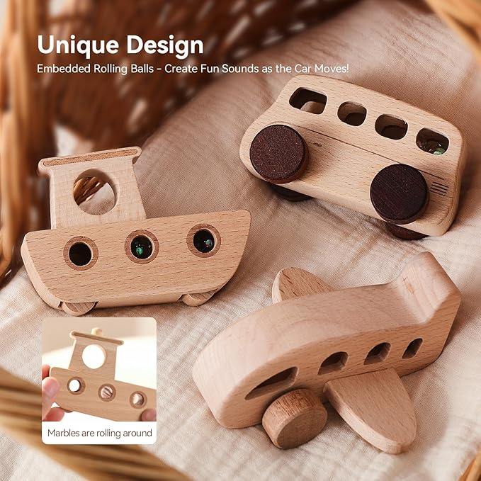 WOODEN TEETHER 3pcs Wooden Cars for Toddlers 1-3 Years Car Toys for Babies Wooden Baby Toys Include Car Boat Airplane,Ideal Gift for Girls and Boys