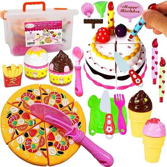 FUNERICA Play Food Goodies Set with Storage Box - Features Cutting Pizza, Ice Cream, Toy Birthday Cake, Fries, Dessert – Pretend Kitchen Toys for Toddlers, Boys, Girls