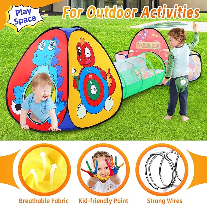 3pc Dinosaur Kids Play Tent with Tunnel and Ball Pit for Boys & Girls, Pop Up Playhouse Tent for Toddlers Indoor & Outdoor Use