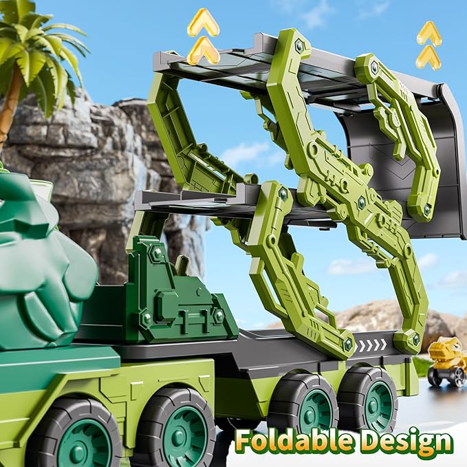 10 in 1 Dinosaur Truck Toys for Kids Aged 3-5 4-8 with Foldable Race Track, Carrier Truck with 9 Dinosaur Toy Cars for Boys, Spraying, Light and Sound, Birthday Gifts for Girls Toddlers 5-7