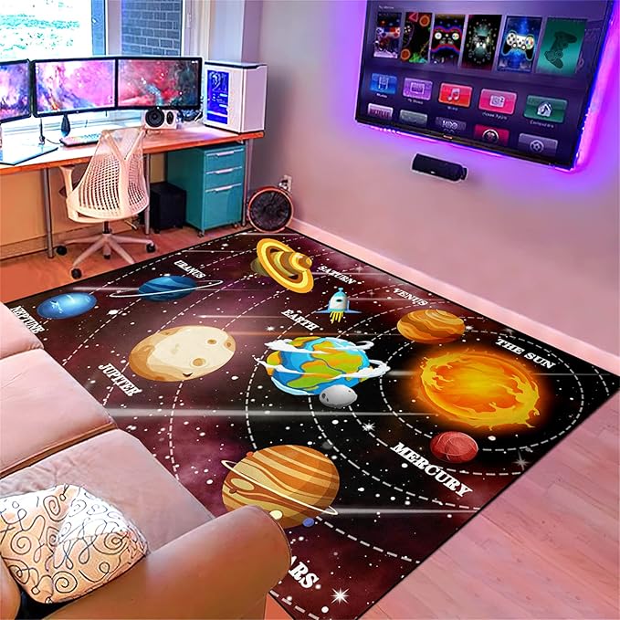 Space Rugs Educational Learning Black Large Size Solar System Carpet Rugs Kids Rug for Bedroom Boys Space Area Rug Living Bedroom, 3'×4'
