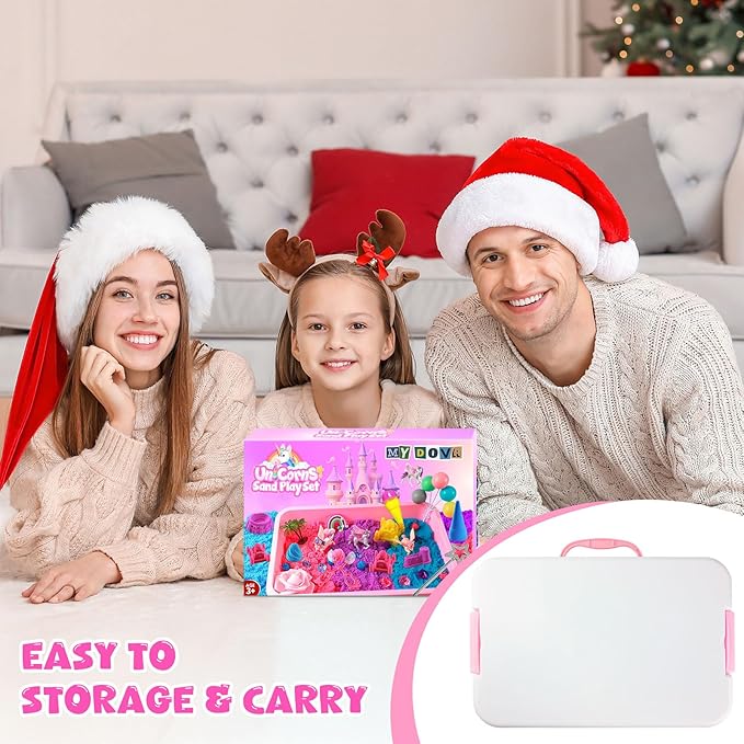 MYDOVA Unicorn Sensory Bin for Girl, Magic Sand Art Kit for Boys and Girl with Sandbox, Castle Molds, 2.18lb 3 Color Sand, Best Unicorn Toy Kits Christmas Birthday Gift for Toddler Ages 3+
