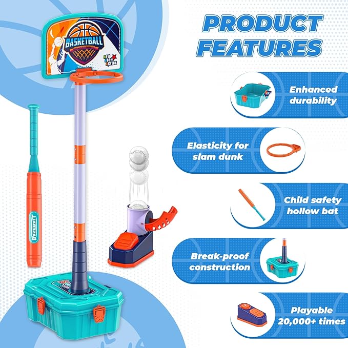 4 in 1 Basketball Hoop for Kids 1-3,Toddler basketball hoop and T-Ball Set,Height Adjustable Kids Basketball Hoop,Baseball Launcher,Indoor/Outdoor Basketball Hoop Toy for Boys and Girls Birthday Gifts