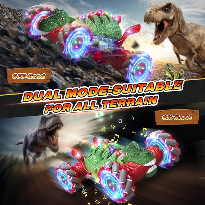 Remote Control Car,Dinosaur Toys car for Kids,2.4GHz LED Gesture Sensing RC Car,4WD Rotation RC Stunt Car with Lights and Music,Dino Toys for Kids Ages 3 4 5 6 7 Gifts for Boys Girls(Red)