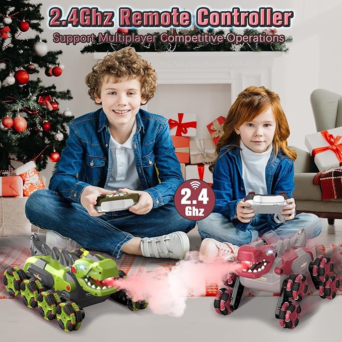 Dinosaur Remote Control Car - 8WD RC Toys for 4 5 6 7 8 Year Old Boys, 2.4Ghz RC Transform Stunt Monster Car with 360°Rotating/Spray/Roar, Birthday Xmas Gifts for Kids Age 4-6 5-7 8-12