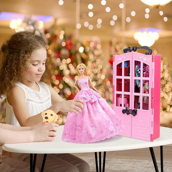 Ecore Fun 120 Pcs Fashion Doll Closet Wardrobe for Doll Clothes and Accessories Storage Include Clothes, Dresses, Shoes, Shoes Rack, Bags, Necklace, Hangers for 11.5 Inch Girl Doll Clothes