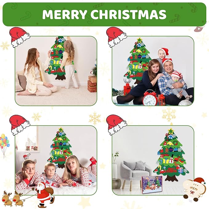 Onekka DIY Felt Christmas Tree for Toddlers with 32 pcs Detachable Ornaments+Snowman Advent Calendar, 3.2ft My First Christmas Tree, Xmas Gift for Kids with String Lights (Batteries Not Included)