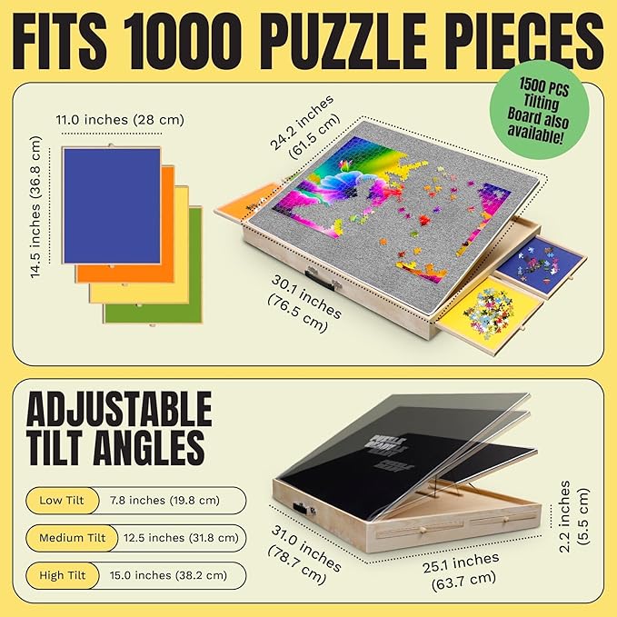 Puzzle Ready Tilting Puzzle Board with Drawers, Cover Mat & Felt Surface – 1000-Piece Wooden Jigsaw Table, 24"x 30", Portable - 3 Adjustable Puzzle Table Angles