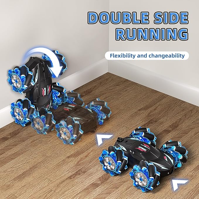 RC Stunt Car, 2.4GHz 4WD Gesture Sensing Remote Control Car with Cool Light and Music, Double-Sided 360° Flips RC Cars for Boys Age 6-12 8-12 Birthday Christmas Toy Cars(Blue)