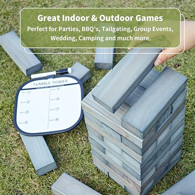 ApudArmis Giant Tumble Tower Stack to Over 5Ft, 60 PCS Pine Wooden Stacking Timber Game with 1 Dice Set - Classic Block Giant Outdoor Game (7.48 * 2.48 * 1.5 in Each Block, Gray)