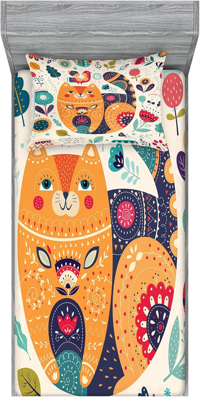 Ambesonne Paisley Fitted Sheet & Pillow Sham Set, Little Smiling Cheek Cat Animal Various Oriental Leaf Flower Artwork, Decorative Printed 2 Piece Bedding Decor Set, Twinxl, Orange Multicolor
