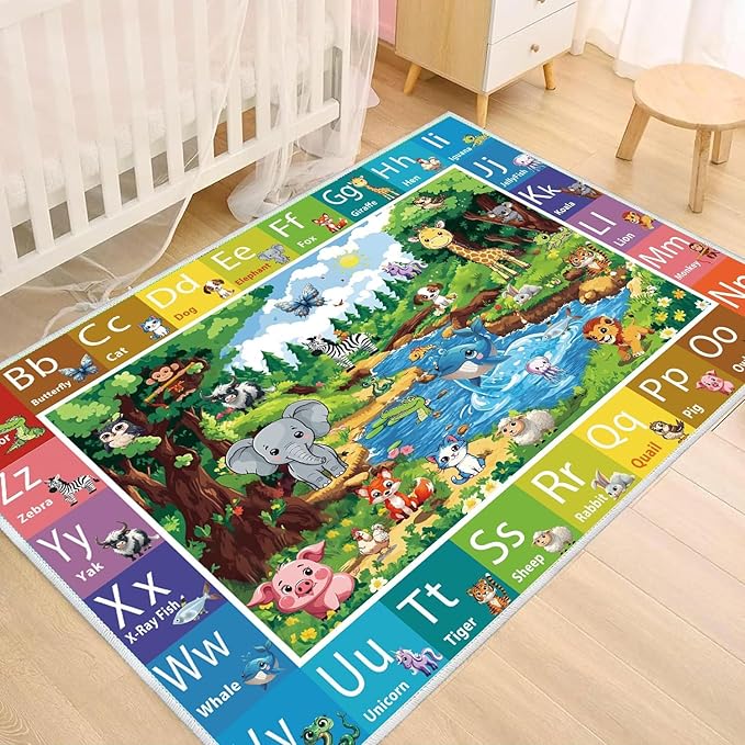 ABC Rug for Kids Room, ABC Baby Mats for Floor Toddlers, Non Silp Alphabet Play Mat Elementary Preschool Kid's Rugs with Animal Illustrations - (59X39.4 Inches)