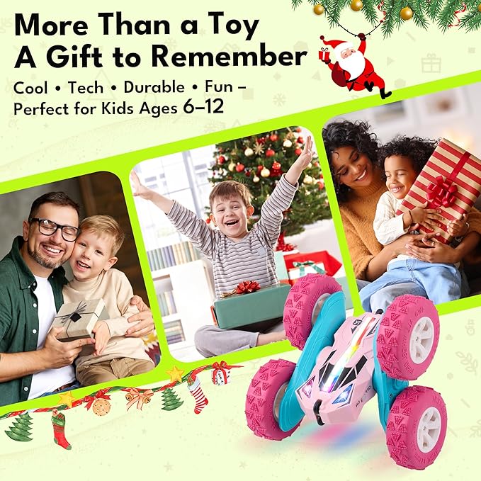 Threeking Remote Control Car RC Cars Toys for Girls Boys Ages 6-12, Upgraded USB-C Modular Batteries, 4WD Stunt Car with Breathing Soft Lights, Double-Sided Driving & 360° Flips, Presents Gifts, Pink