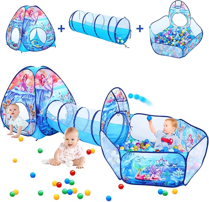 3 in 1 Kids Mermaid Play Tent for Toddler with Baby Ball Pit and Play Tunnel, Children Indoor Outdoor Playhouse with Crawling Tunnel Toy for Toddlers (3pc Mermaid Ball Pit)