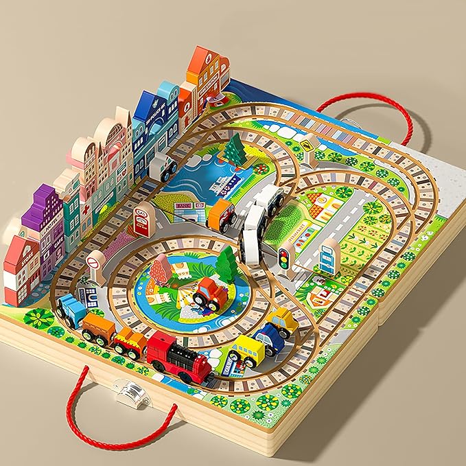 Large Wooden Building Blocks Set, Electric Train City Construction Stacking Blocks Preschool Learning Educational Toys,Wooden Take-Along Tabletop Railroad Play Set for Toddlers